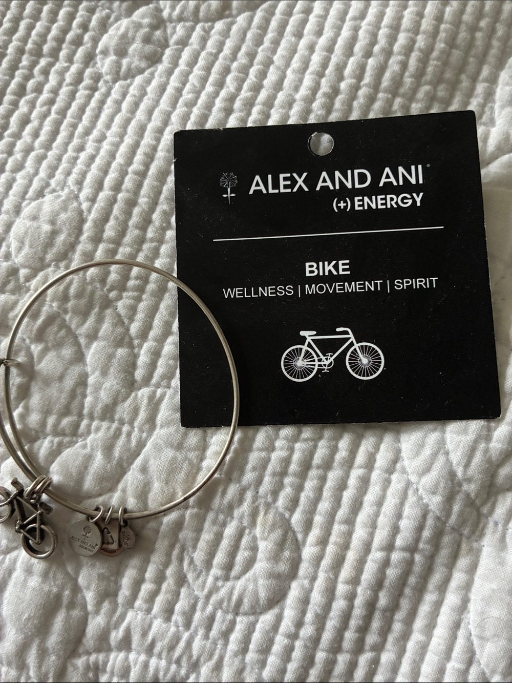 Alex and Ani Silver Bike Charm Bangle Bracelet with Logo Tag